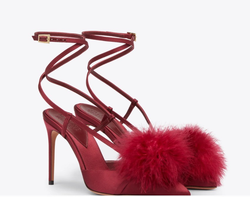 Malone Souliers Raffaella 90 Burgundy Satin Slingbacks with Feathers
